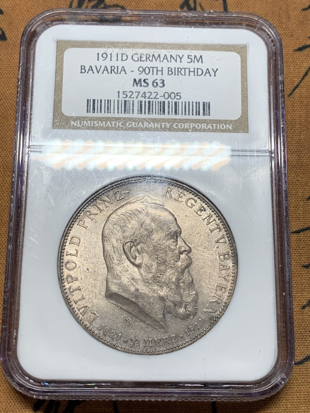 《竞宝斋》第112场-周日，周一 ，2场连拍（全场包邮） NGC MS63 德国巴伐利亚1911年利奥波德90大寿纪念5马克银币