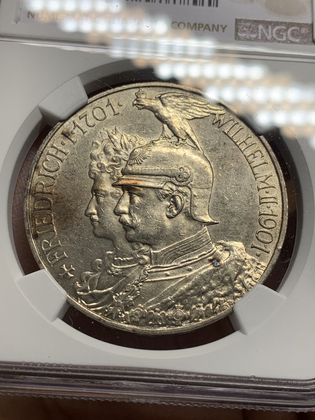 《竞宝斋》第112场-周日，周一 ，2场连拍（全场包邮） NGC MS62 德国普鲁士 1901年 建国200周年5马克 银币