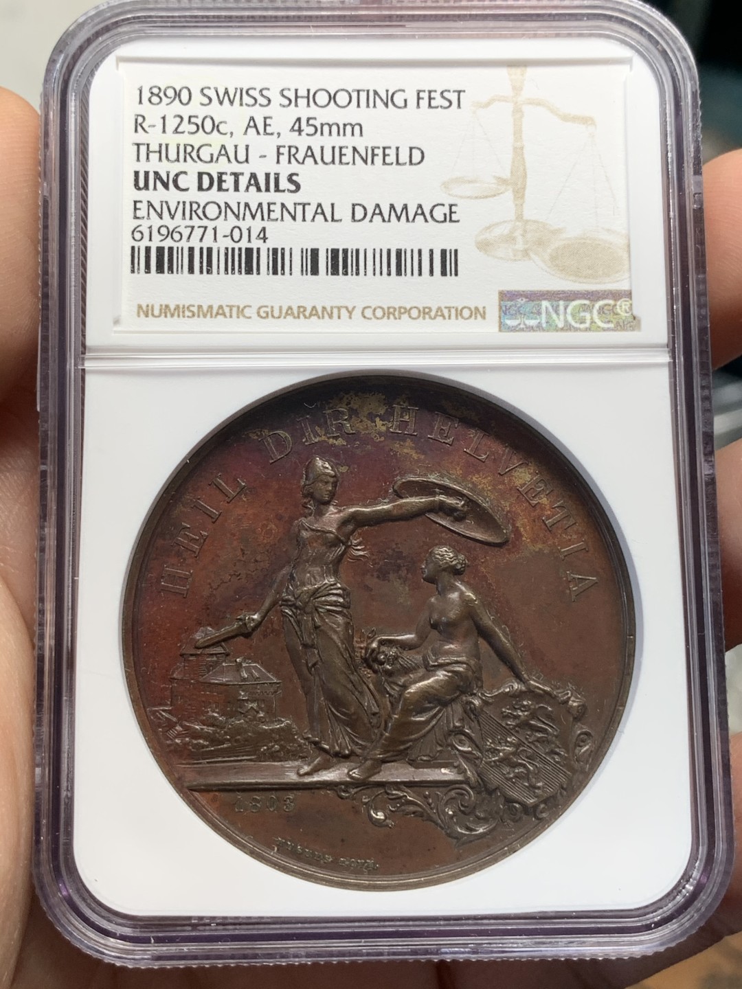 《竞宝斋》第112场-周日，周一 ，2场连拍（全场包邮） NGC UNC 瑞士 1890 弗劳恩菲儿德射击节 铜章 好细节高浮雕 加厚盒子