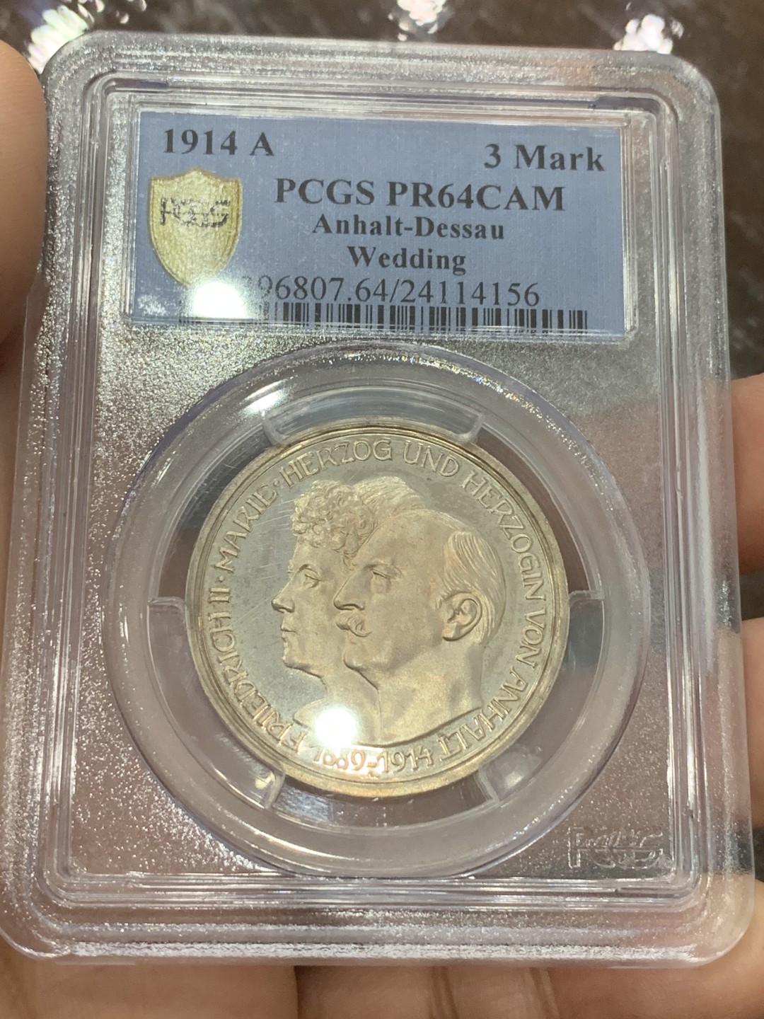 《竞宝斋》第112场-周日，周一 ，2场连拍（全场包邮） PCGS-PR64CAM,德国1914年安哈特德绍，结婚纪念3马克精制银币，玫瑰金包浆