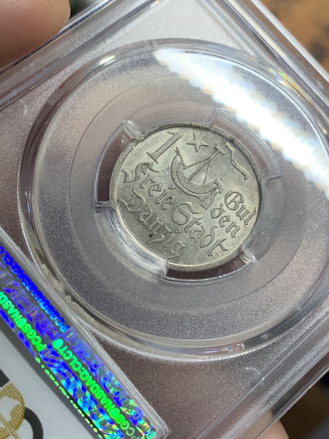 《竞宝斋》第112场-周日，周一 ，2场连拍（全场包邮） PCGS-AU58 1923年 但泽自由市双狮1盾银币 转光流畅，光度不输MS。日耳曼人与斯拉夫人几个世纪的争夺焦点，二战的开幕之地