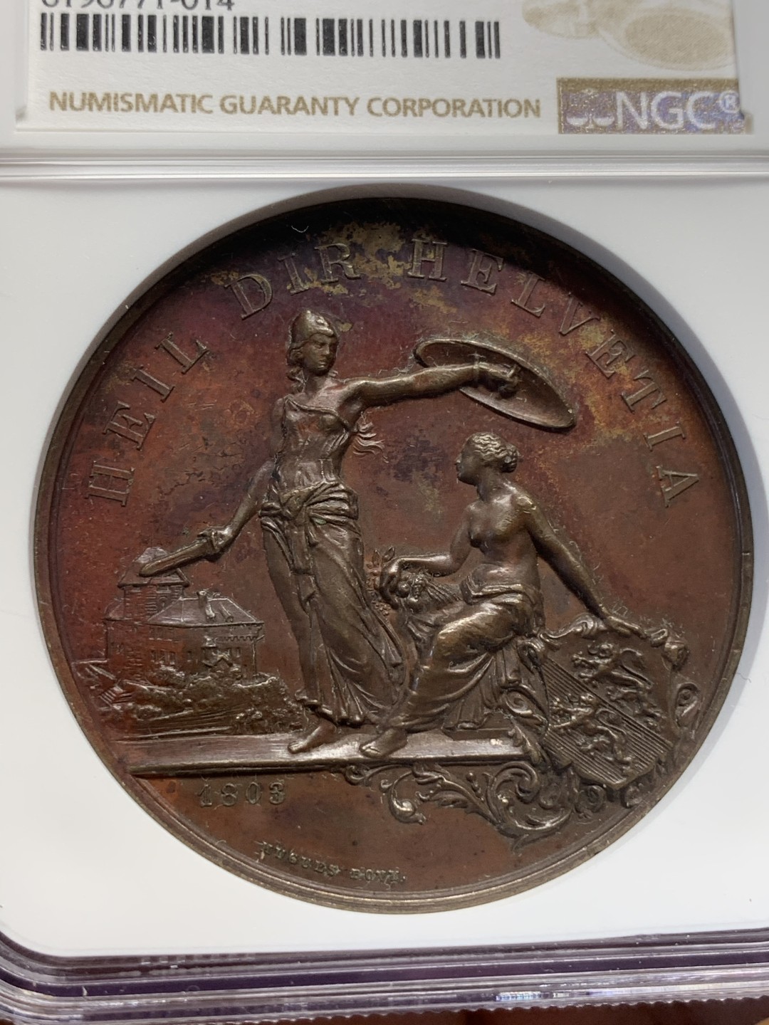 《竞宝斋》第112场-周日，周一 ，2场连拍（全场包邮） NGC UNC 瑞士 1890 弗劳恩菲儿德射击节 铜章 好细节高浮雕 加厚盒子