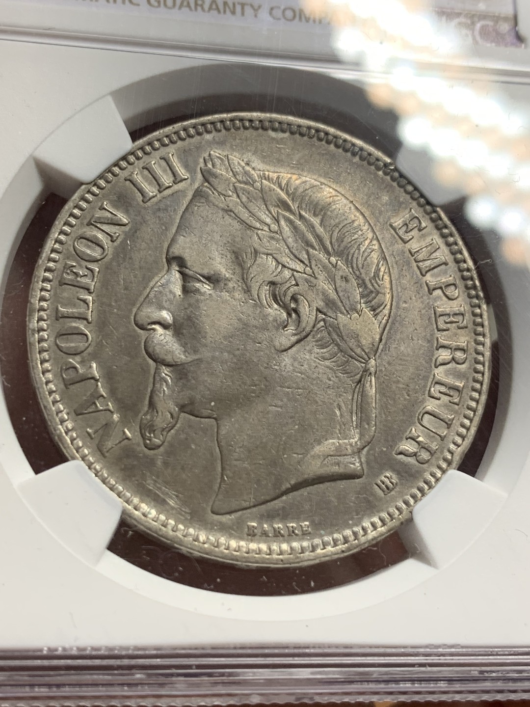 《竞宝斋》第112场-周日，周一 ，2场连拍（全场包邮） NGC XF 法国1869年拿三5法郎 银币