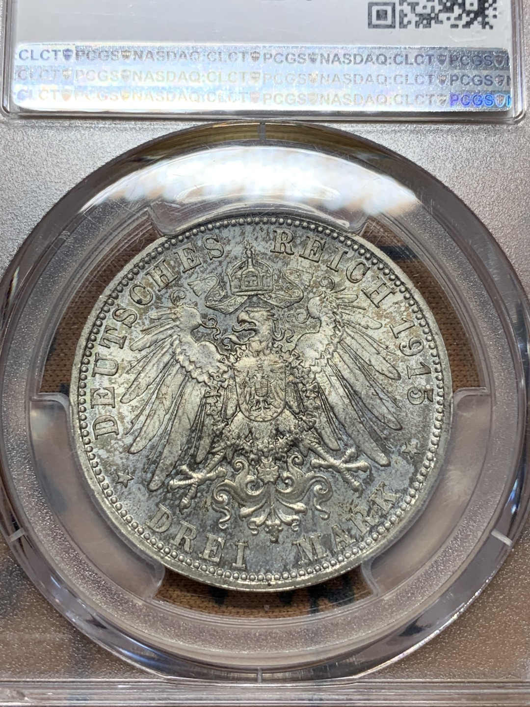 《竞宝斋》第112场-周日，周一 ，2场连拍（全场包邮） PCGS-MS66,德国1915年梅宁根3马克银币,大导演纪念3马克，纸袋包浆，盒子反面有损但不影响