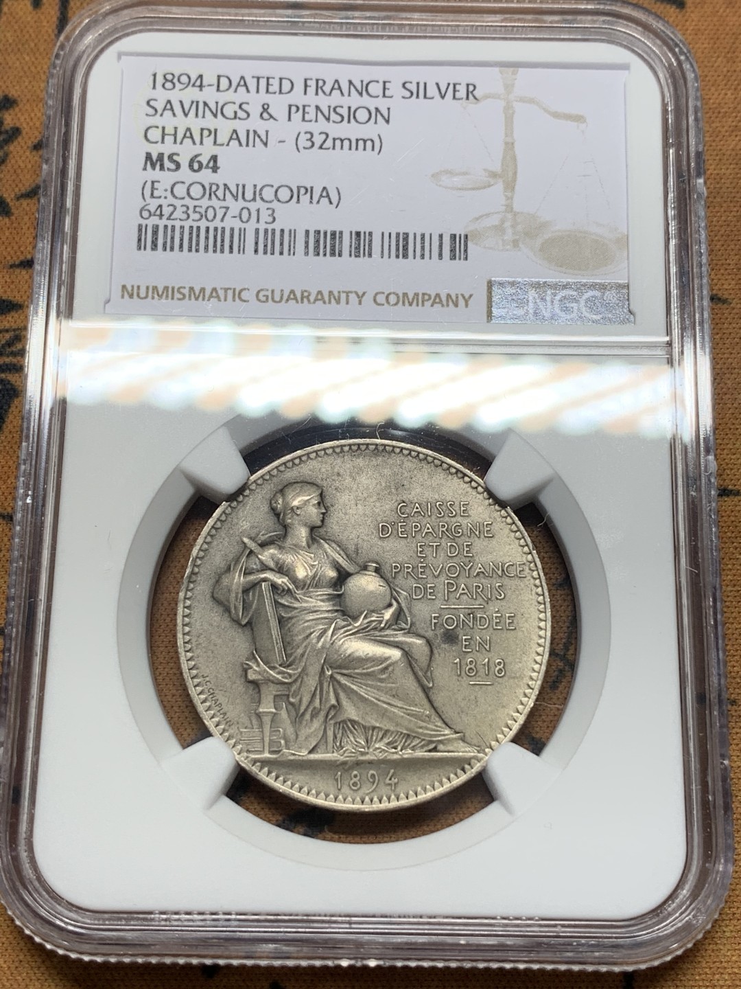 《竞宝斋》第112场-周日，周一 ，2场连拍（全场包邮） NGC MS64 法国 1894年 经济委员会银章 以小见大的品种 细节好