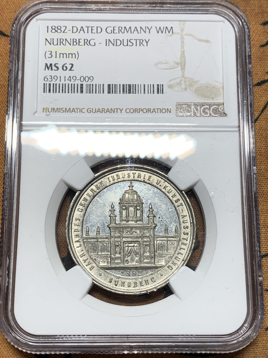 《竞宝斋》第112场-周日，周一 ，2场连拍（全场包邮） NGC MS62 德国 1882年 纽伦堡 纪念章 WM白金属材质  工艺很不错