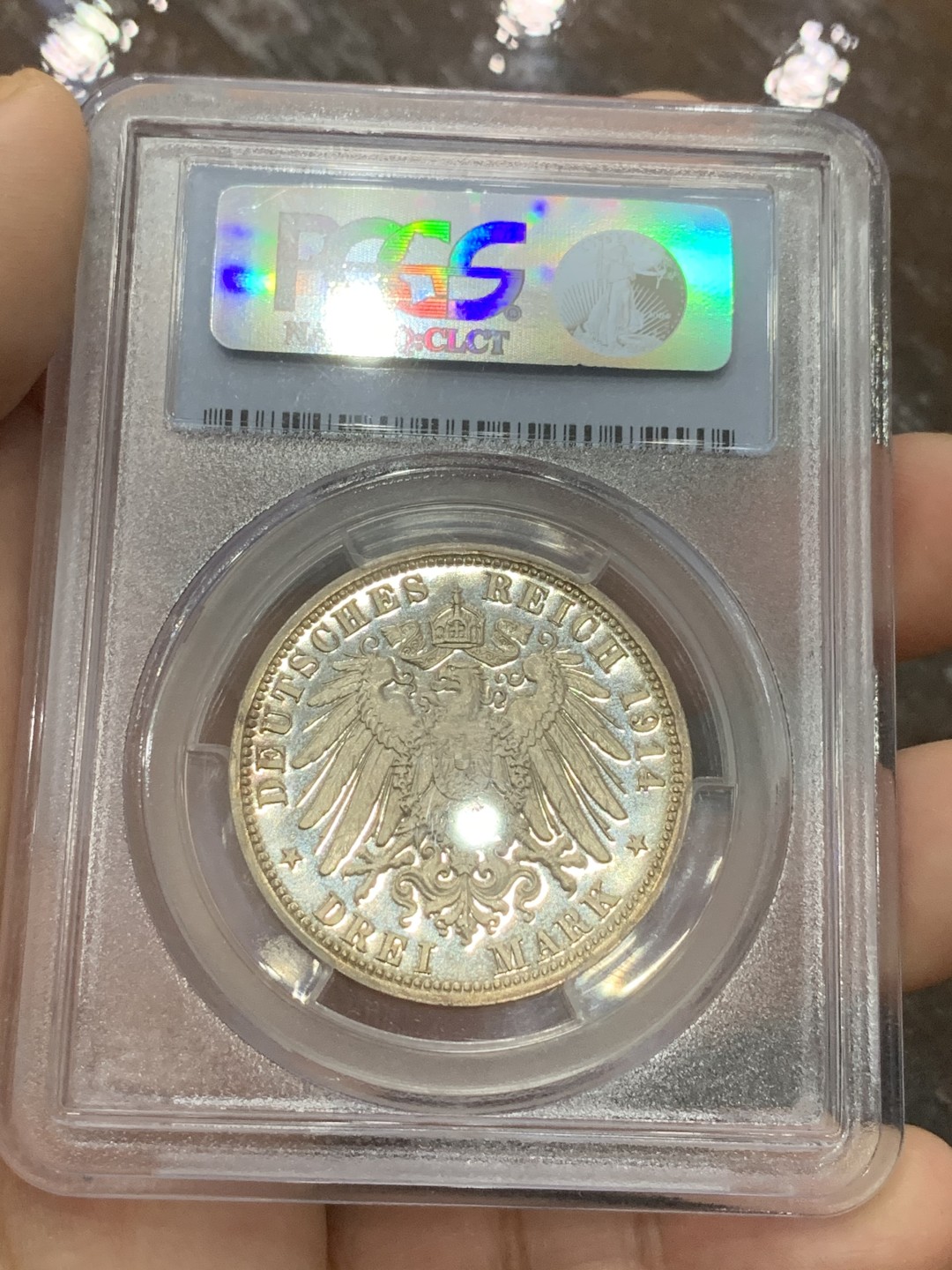 《竞宝斋》第112场-周日，周一 ，2场连拍（全场包邮） PCGS-PR64CAM,德国1914年安哈特德绍，结婚纪念3马克精制银币，玫瑰金包浆