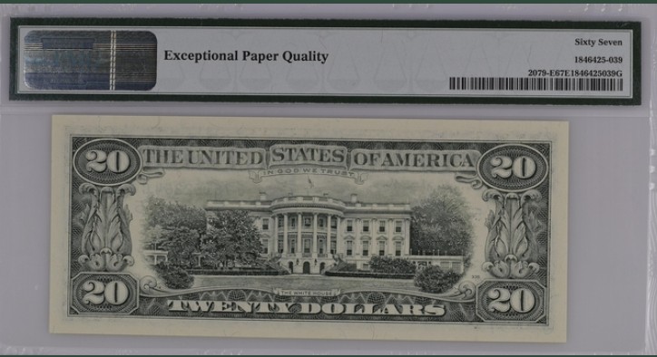 收藏联盟Quantum Auction 第204期拍卖 美国联邦储备券1993年20元 PMG67 白宫阳台