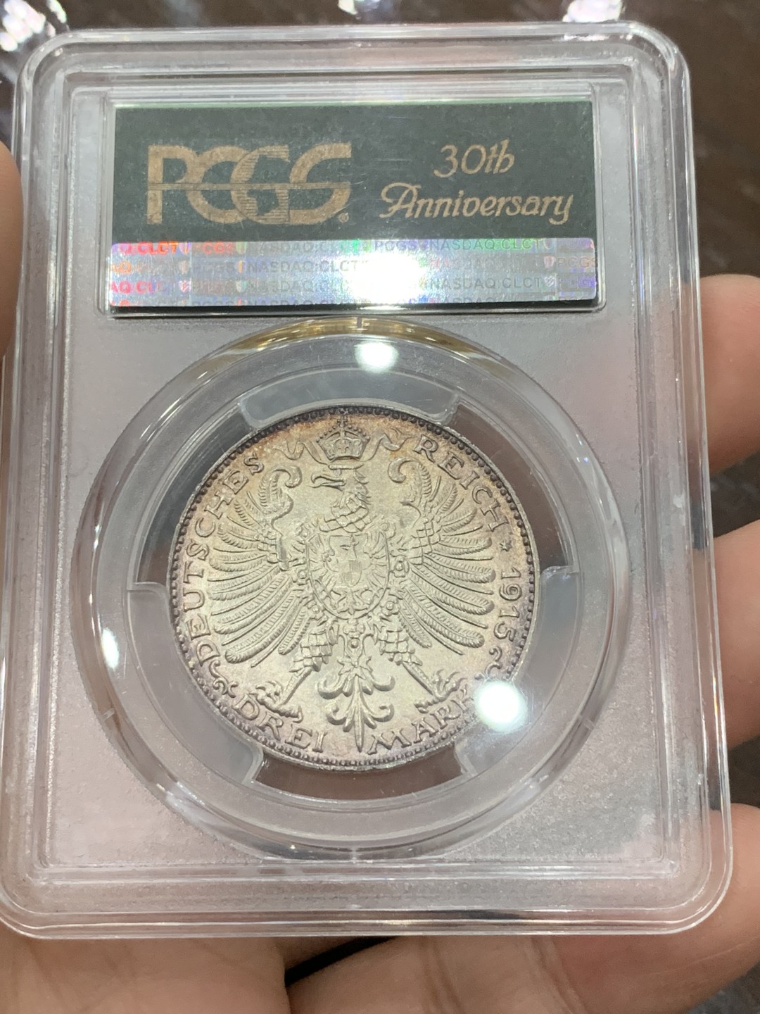 《竞宝斋》第112场-周日，周一 ，2场连拍（全场包邮） PCGS-MS65,德国1915年魏玛-艾森纳赫3马克银币,30周年纪念绿盒，人物饱满鹰徽特别