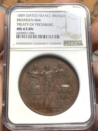 《竞宝斋》第112场-周日，周一 ，2场连拍（全场包邮） - NGC MS63 法国 拿破仑一世 1809年 奥地利违背普莱斯堡和约 拿一击败奥地利 纪念铜章 细节好 高价品种 带原袋