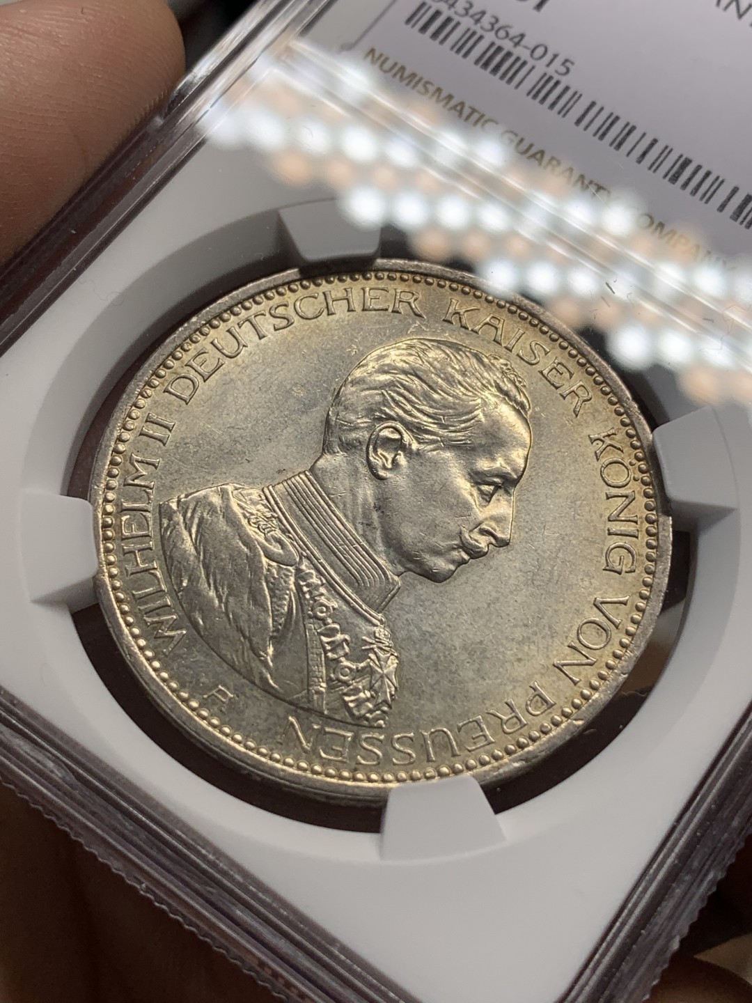 《竞宝斋》第112场-周日，周一 ，2场连拍（全场包邮） NGC-MS61 德国普鲁士1913年威廉二世军装5马克大银币