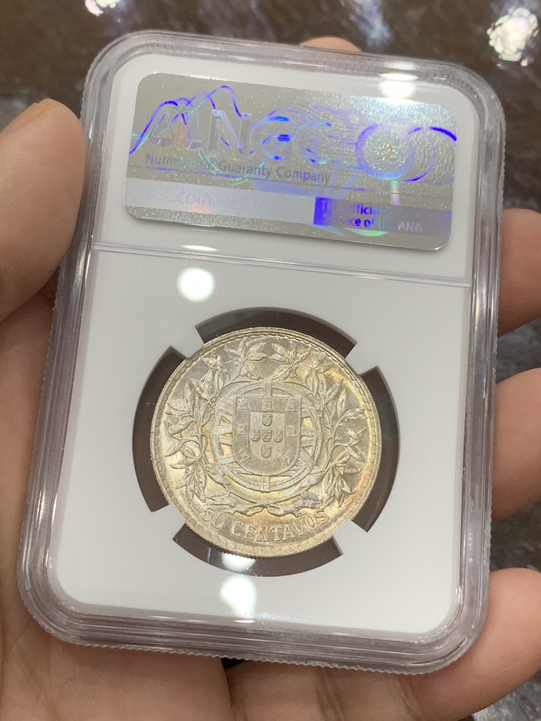 《竞宝斋》第112场-周日，周一 ，2场连拍（全场包邮） NGC-MS63 葡萄牙1916年 自由女神头像 50分半圆形银币 粉光好品