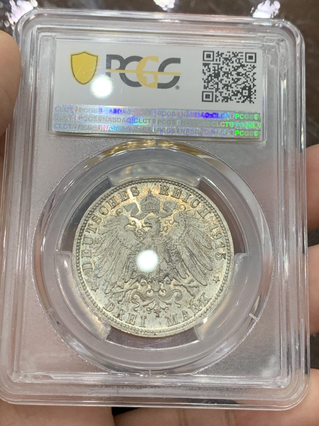 《竞宝斋》第112场-周日，周一 ，2场连拍（全场包邮） PCGS-MS66,德国1915年梅宁根3马克银币,大导演纪念3马克，纸袋包浆，盒子反面有损但不影响