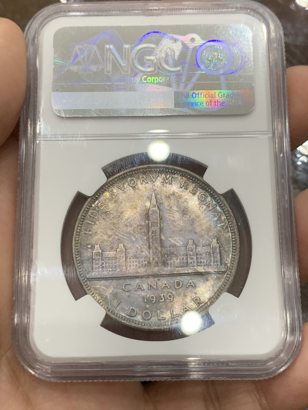 《竞宝斋》第112场-周日，周一 ，2场连拍（全场包邮） NGC-MS63 加拿大 1939年 乔治六世国会1加元银币 加拿大知名品种 顶级彩浆级彩币 美丽无与伦比