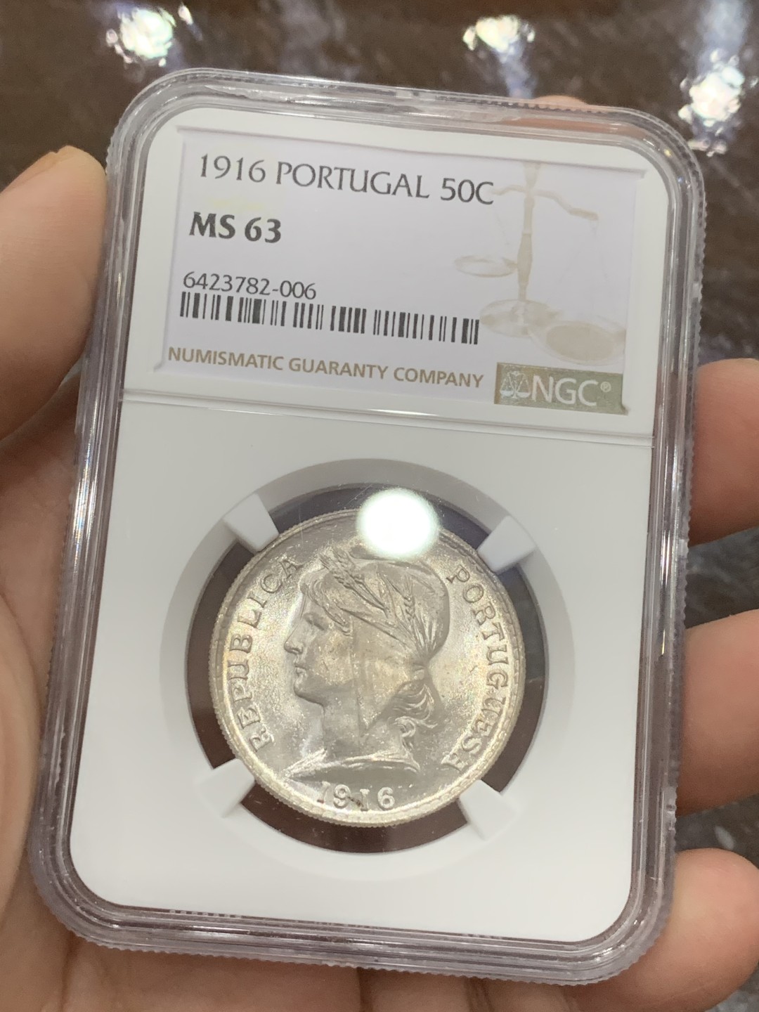 《竞宝斋》第112场-周日，周一 ，2场连拍（全场包邮） NGC-MS63 葡萄牙1916年 自由女神头像 50分半圆形银币 粉光好品