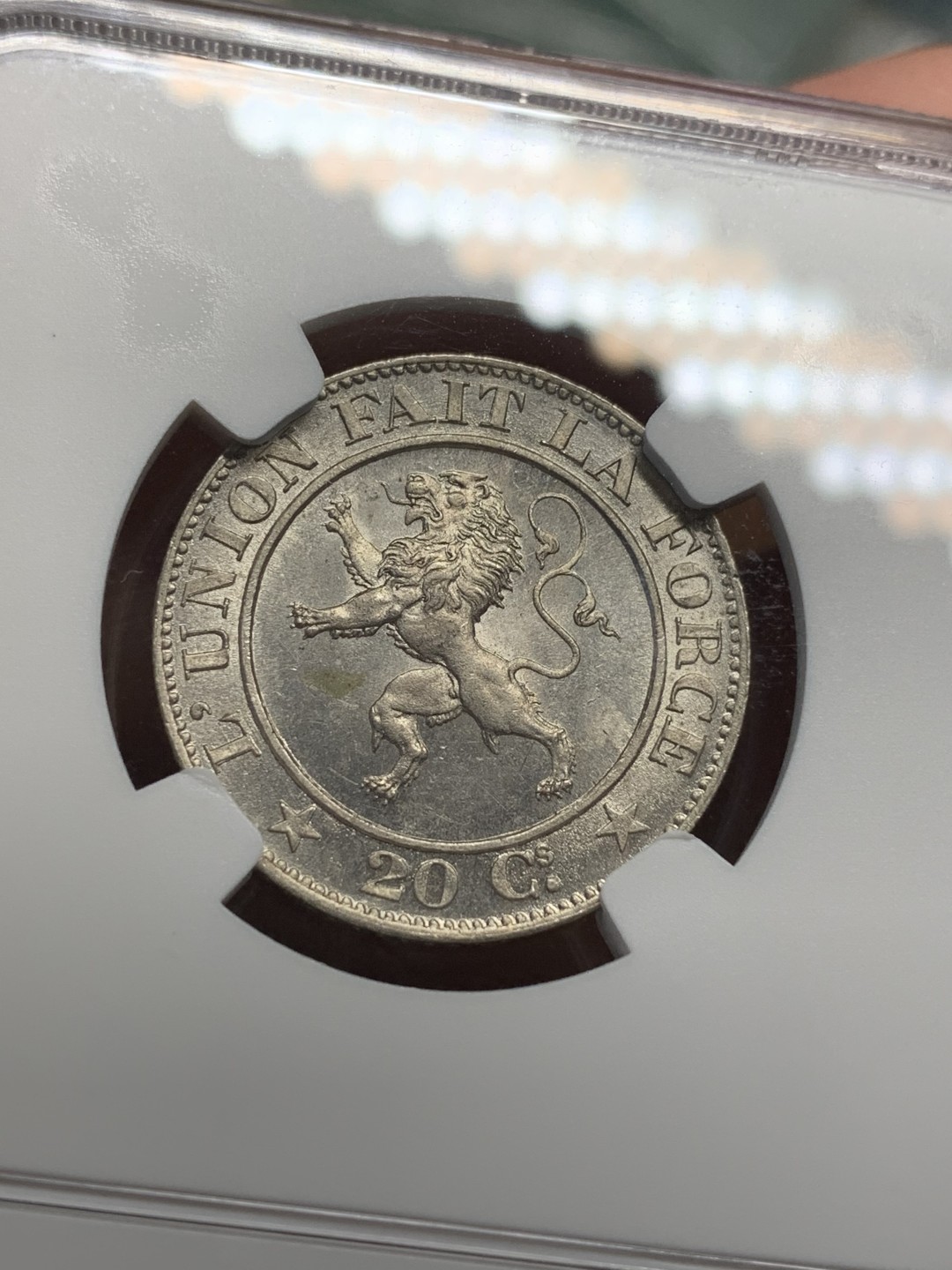 《竞宝斋》第112场-周日，周一 ，2场连拍（全场包邮） NGC MS64 比利时1861年20分 亚军分 发丝清晰