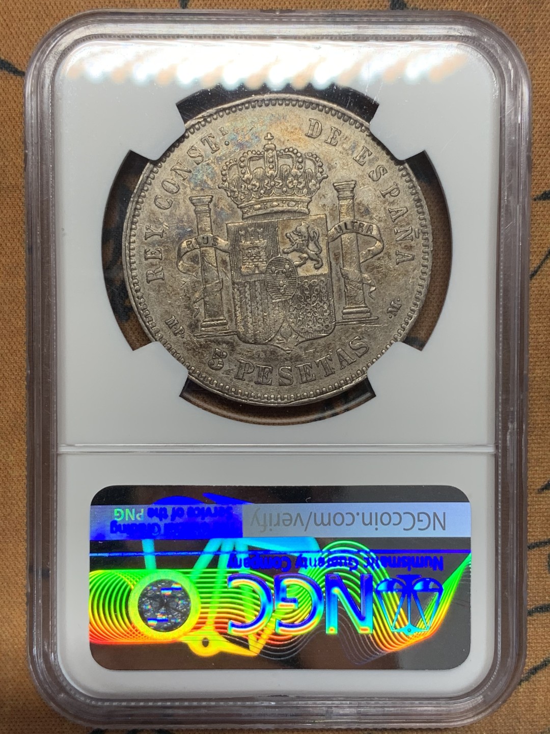 《竞宝斋》第112场-周日，周一 ，2场连拍（全场包邮） NGC XF45 西班牙1890年光头版阿方索十三世5比塞塔银币