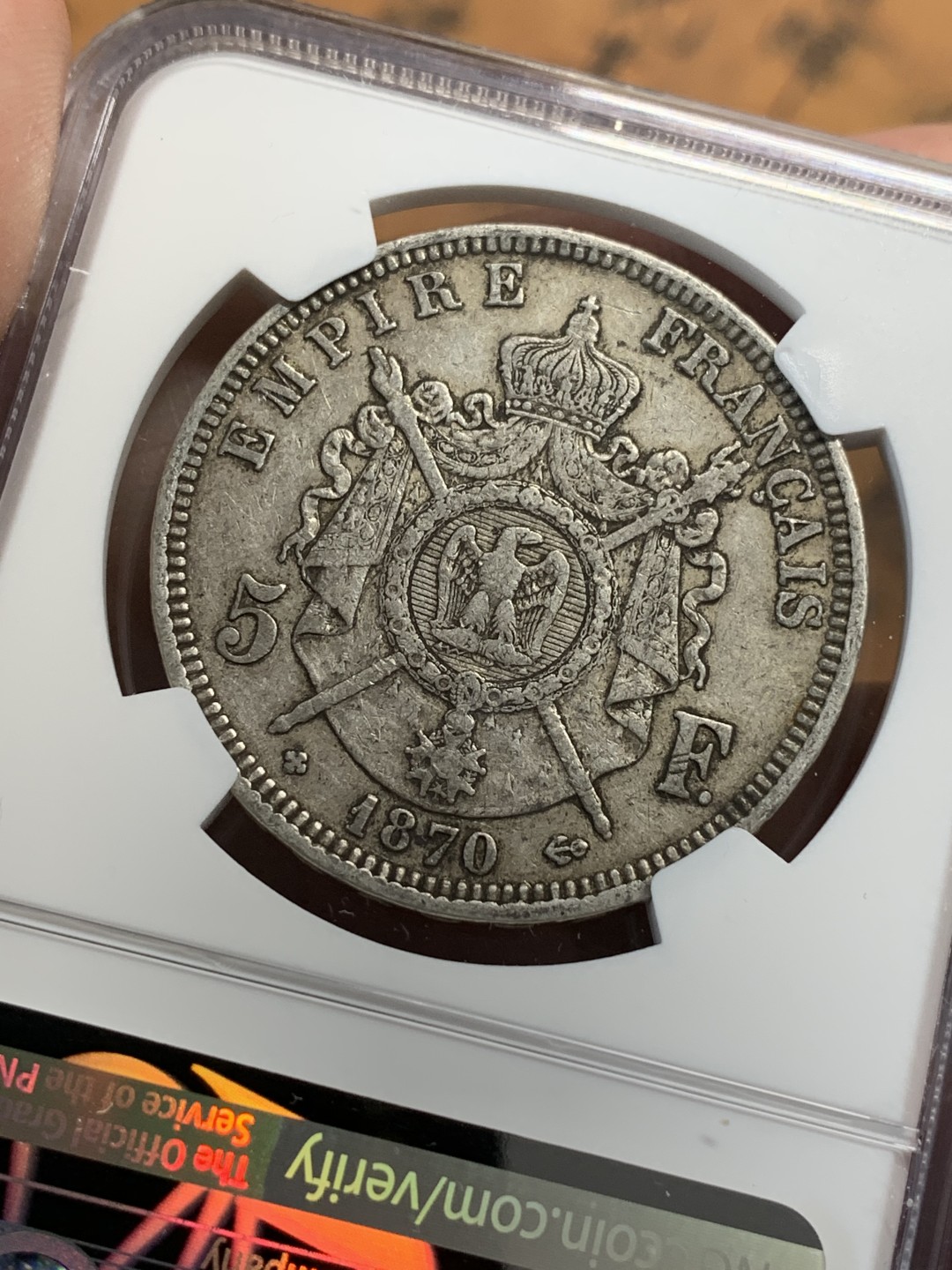 《竞宝斋》第112场-周日，周一 ，2场连拍（全场包邮） NGC-XF45 法国1870-BB年 拿破仑三世5法郎大银币