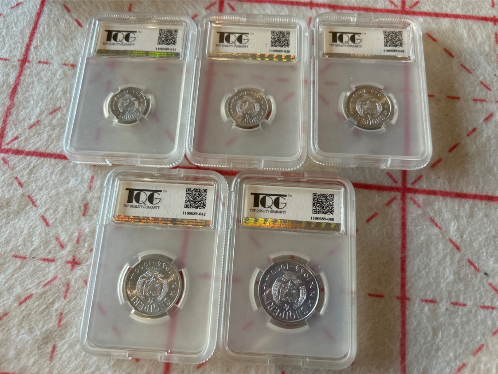 收藏联盟Quantum Auction 第203期拍卖 硬币场 1969年阿尔巴尼亚 解放25周年纪念币 1套5枚 中国代造 TQG评级