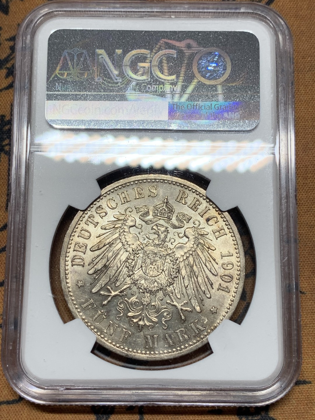 《竞宝斋》第112场-周日，周一 ，2场连拍（全场包邮） NGC MS62 德国普鲁士 1901年 建国200周年5马克 银币