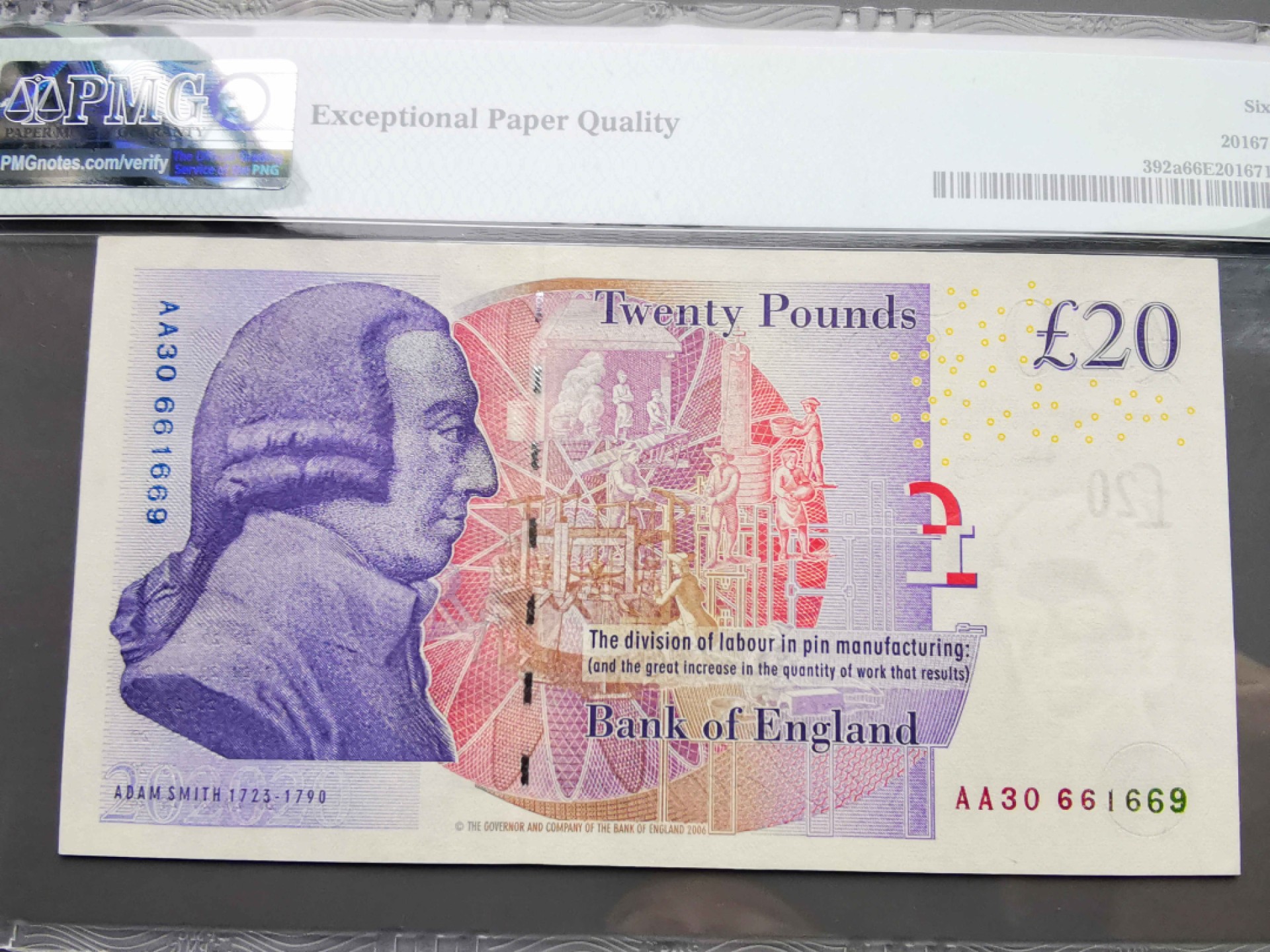 《崇甫堂》-英国纸钞PMG评级专场IV 英国 2006年 AA字冠  Pick:392a PMG-66 F序列20镑 亚当斯密