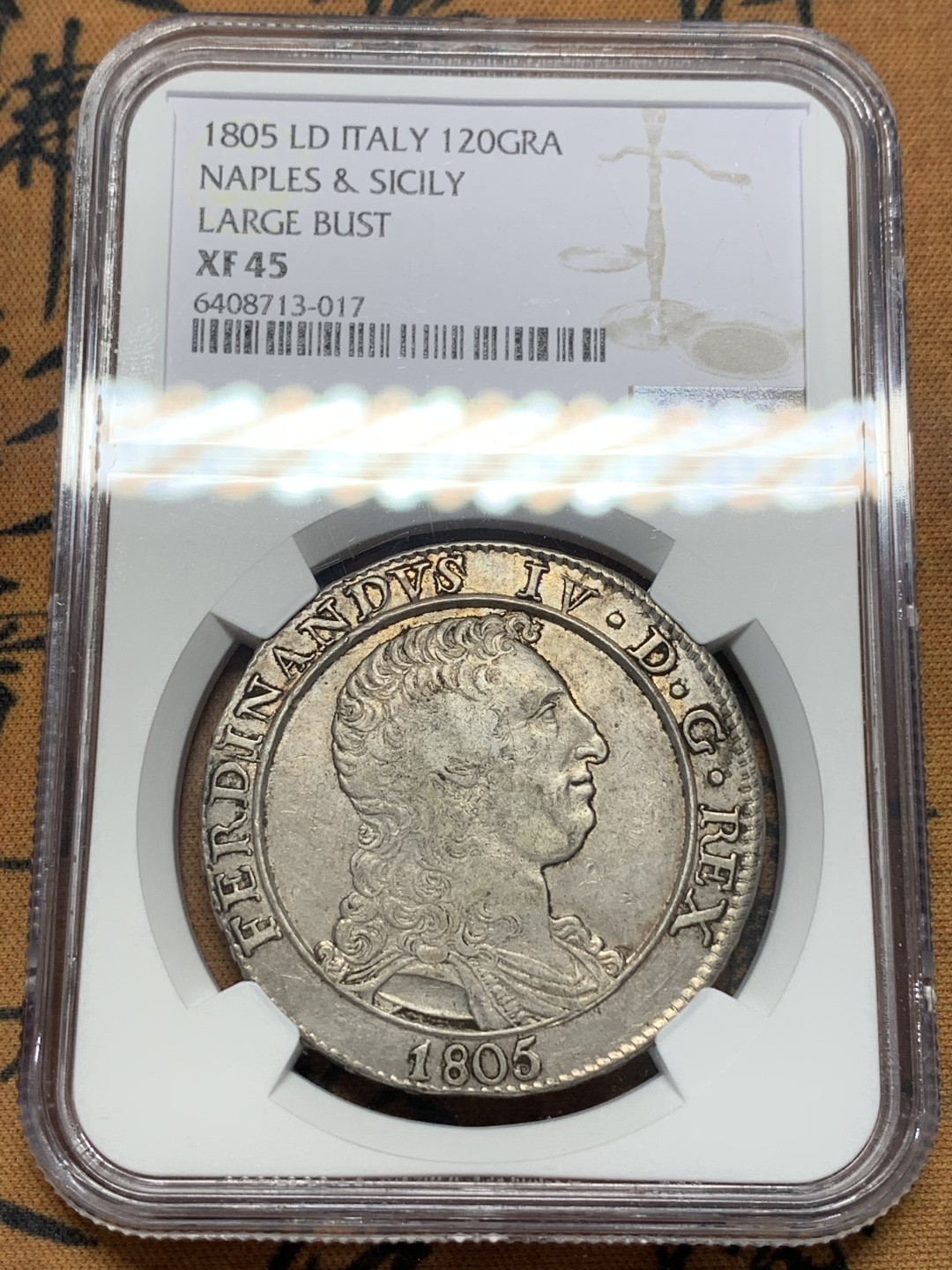 《竞宝斋》第112场-周日，周一 ，2场连拍（全场包邮） NGC-XF45 意大利1805年 斐迪南四世 120G大银币 原味好品 稀少品种