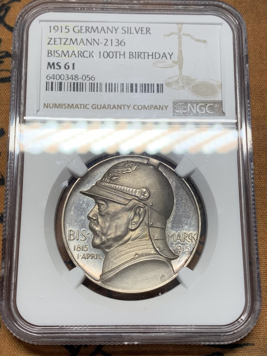 《竞宝斋》第112场-周日，周一 ，2场连拍（全场包邮） NGC MS61 1915年德国 铁血宰相俾斯麦诞辰 百年纪念银章 镜面底板 低评好品好状态