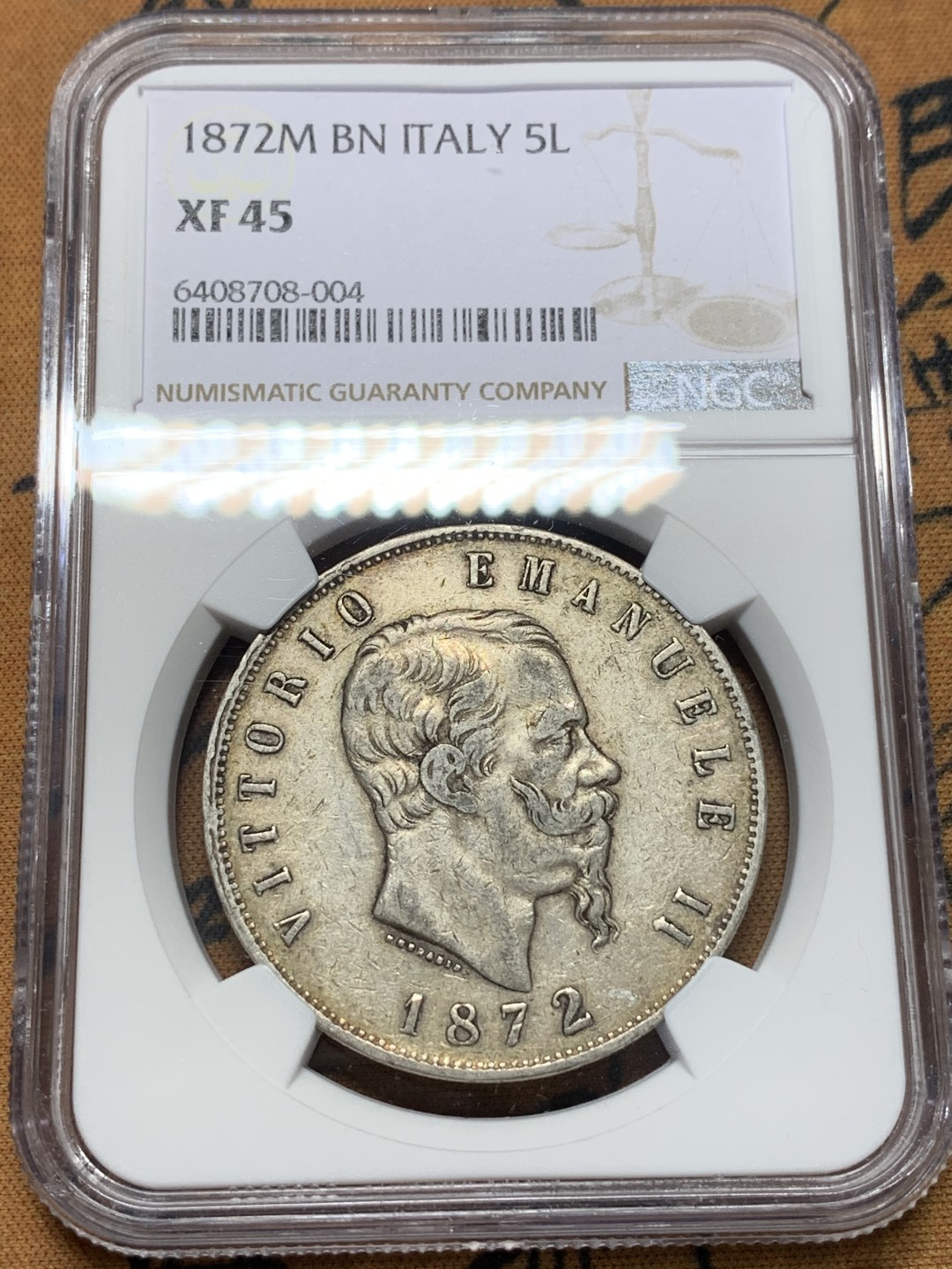 《竞宝斋》第112场-周日，周一 ，2场连拍（全场包邮） NGC-XF45 意大利1872年 艾曼纽尔二世 5里拉大银币 原味好品
