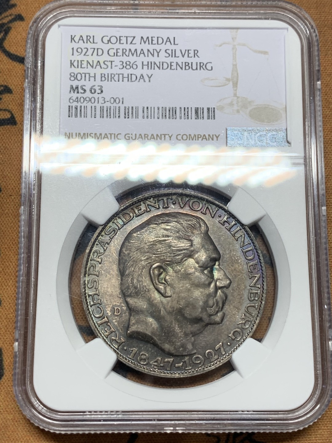 《竞宝斋》第112场-周日，周一 ，2场连拍（全场包邮） NGC-MS63 德国1927年兴登堡80大寿银章 深彩包浆 厚重而美丽