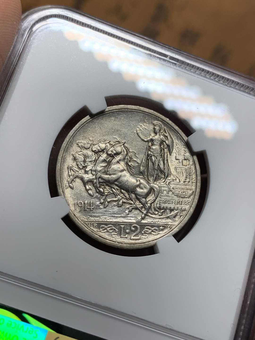 《竞宝斋》第112场-周日，周一 ，2场连拍（全场包邮） NGC-AU53  意大利  1914  2里拉  马车 银币