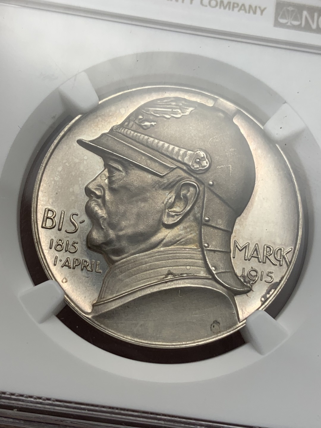 《竞宝斋》第112场-周日，周一 ，2场连拍（全场包邮） NGC MS61 1915年德国 铁血宰相俾斯麦诞辰 百年纪念银章 镜面底板 低评好品好状态