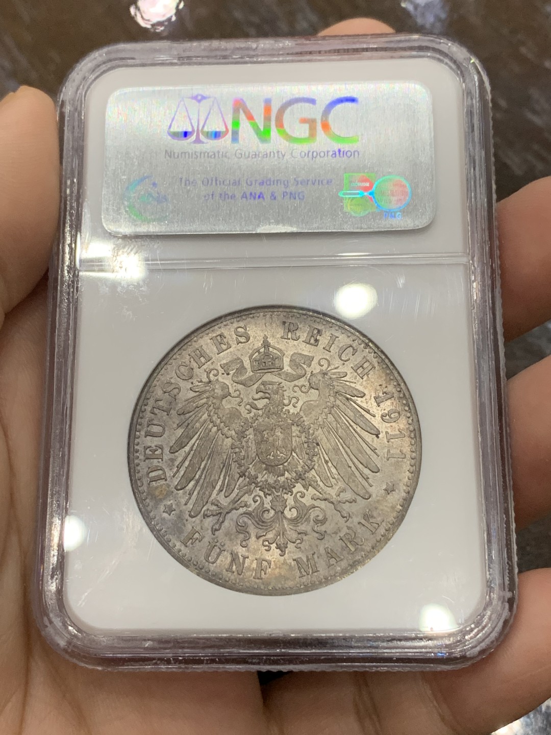 《竞宝斋》第112场-周日，周一 ，2场连拍（全场包邮） NGC MS63 德国巴伐利亚1911年利奥波德90大寿纪念5马克银币