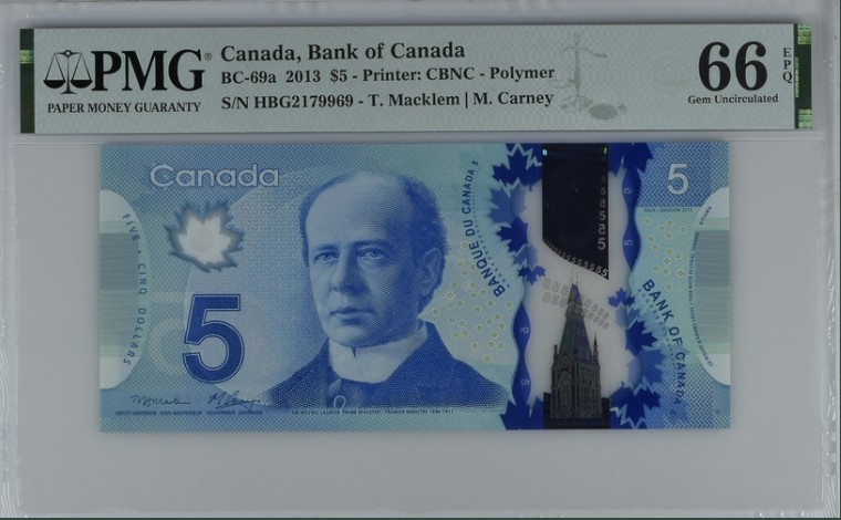 收藏联盟Quantum Auction 第204期拍卖 加拿大2013年5元 PMG66