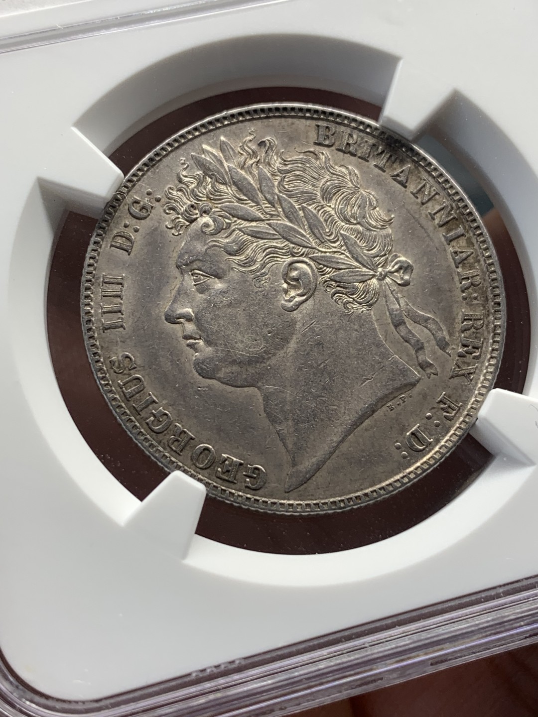 《竞宝斋》第112场-周日，周一 ，2场连拍（全场包邮） NGC AU58 英国乔治四世1823 半克朗银币 盾徽版本十分稀少