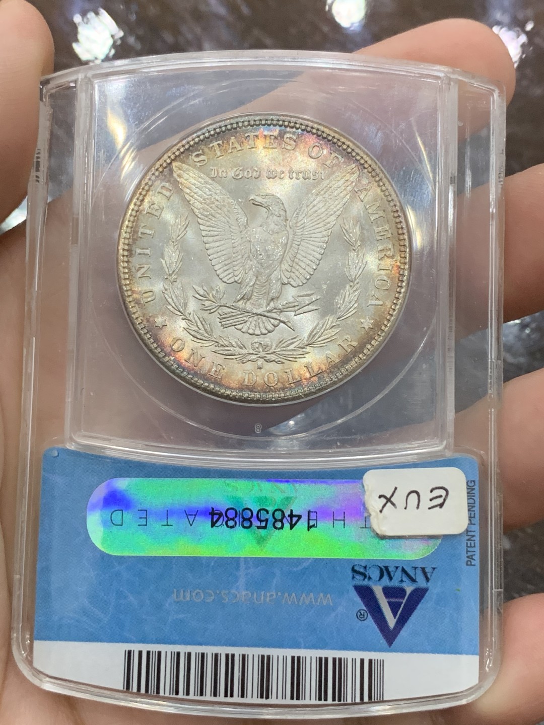 《竞宝斋》第112场-周日，周一 ，2场连拍（全场包邮） ANACS MS64 美国 1881年S版 摩根银币 五彩转光 这个评级常常有惊喜