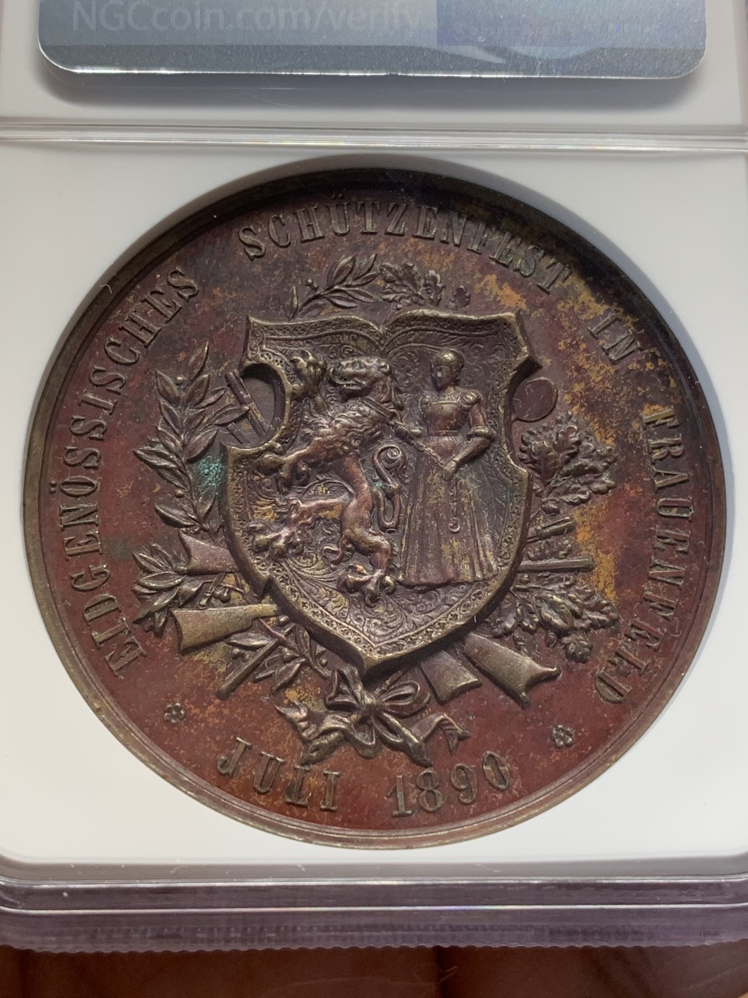 《竞宝斋》第112场-周日，周一 ，2场连拍（全场包邮） NGC UNC 瑞士 1890 弗劳恩菲儿德射击节 铜章 好细节高浮雕 加厚盒子