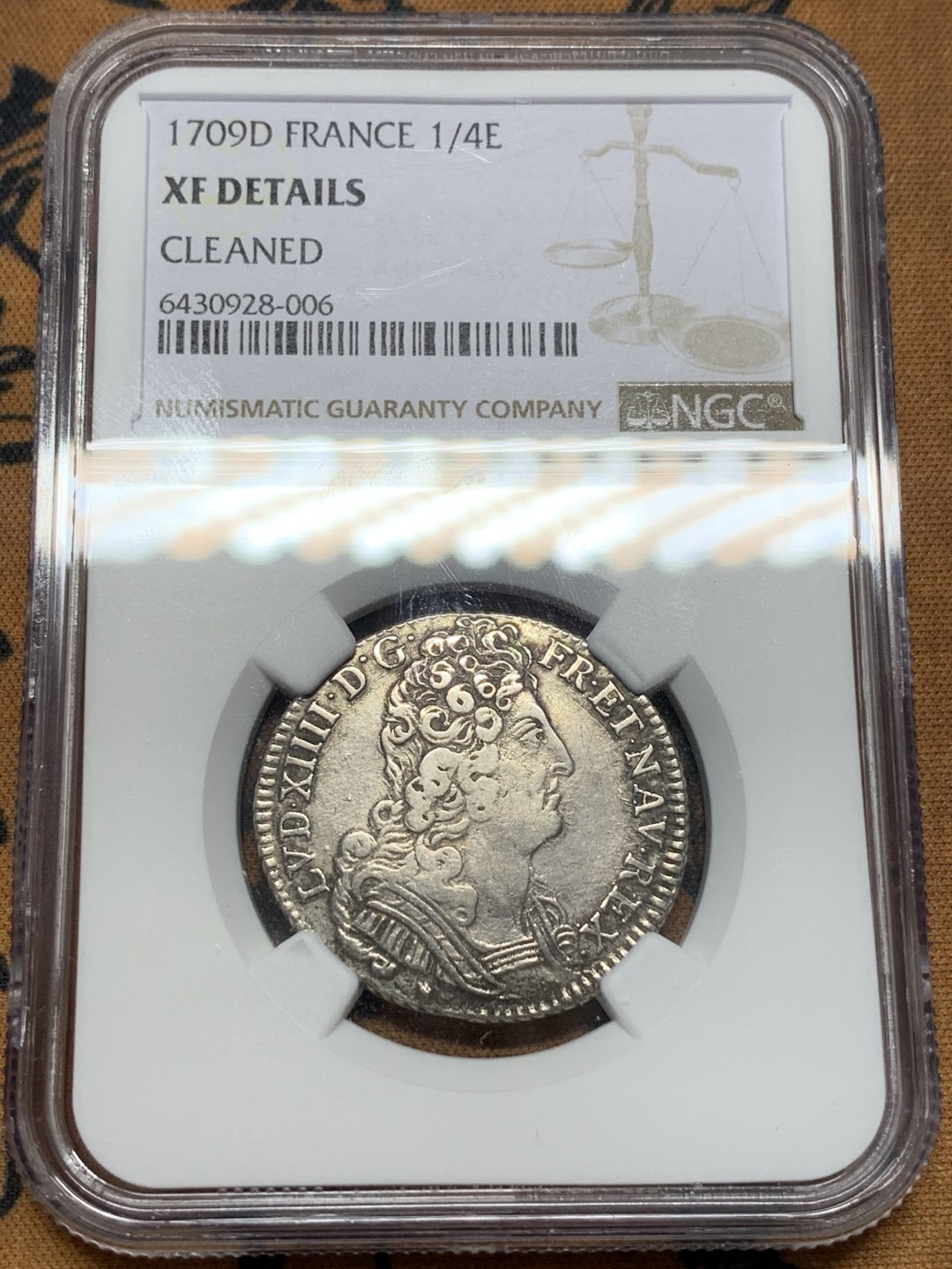 《竞宝斋》第112场-周日，周一 ，2场连拍（全场包邮） NGC XF 法国 1709年D版 路易十四 太阳王 1/4埃居 银币 少见规格 整体清晰