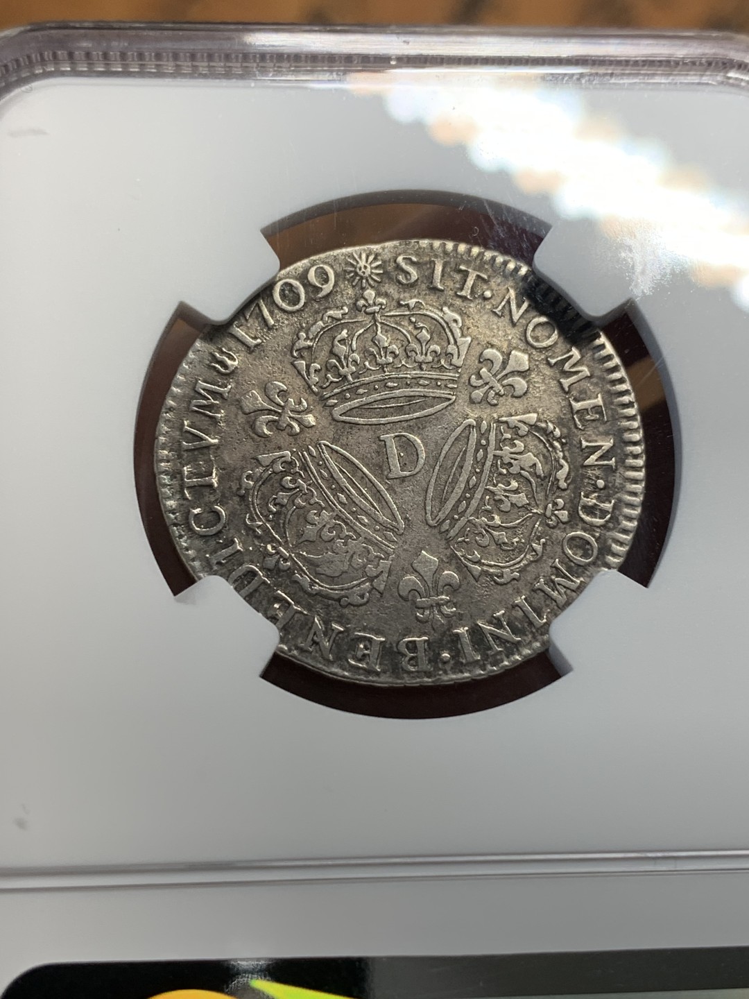 《竞宝斋》第112场-周日，周一 ，2场连拍（全场包邮） NGC XF 法国 1709年D版 路易十四 太阳王 1/4埃居 银币 少见规格 整体清晰