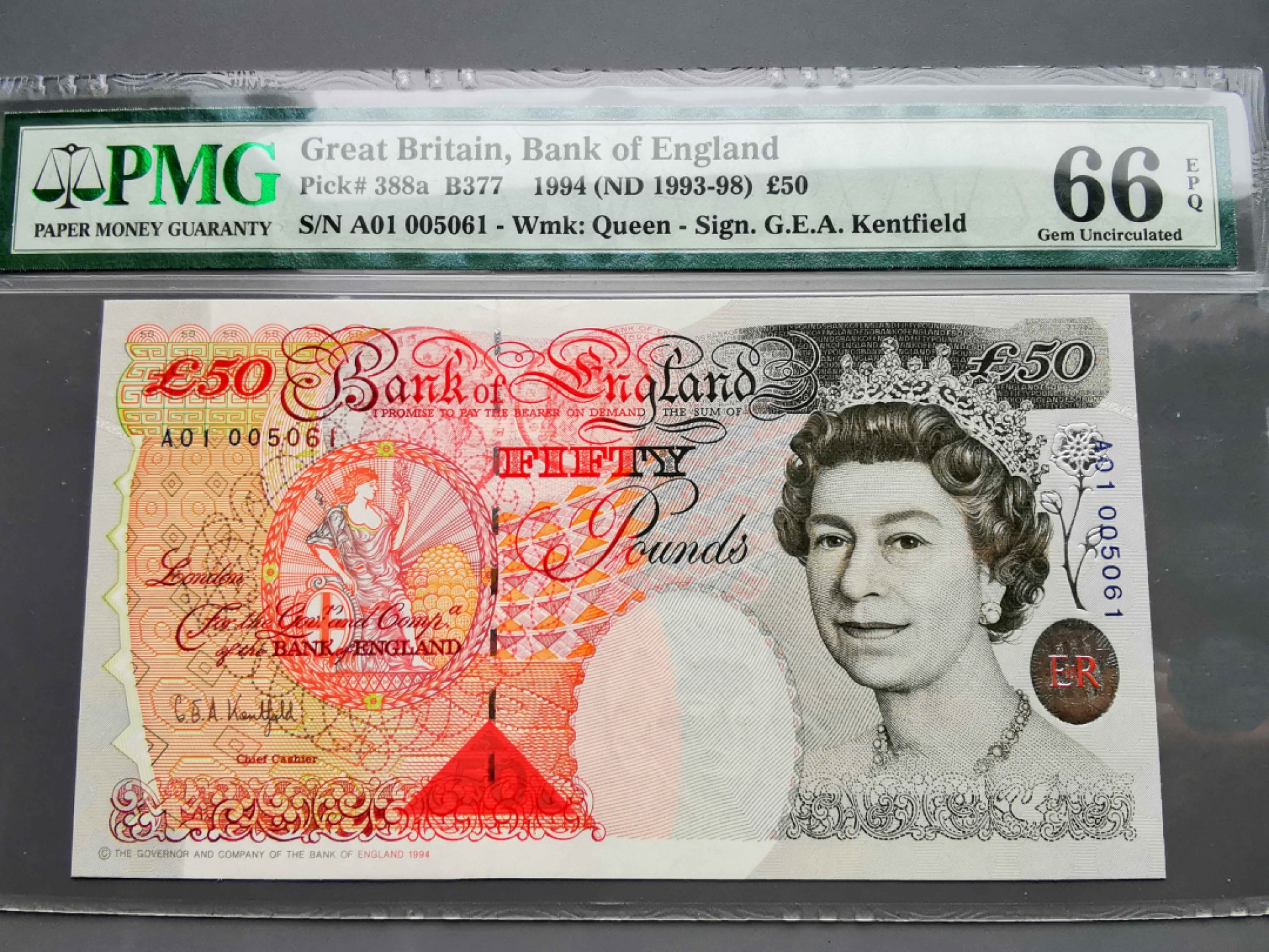 《崇甫堂》-英国纸钞PMG评级专场IV 英国 93-98年  A01首发字冠 千位小号 Pick:388a PMG-66 E序列初版50镑 霍布伦