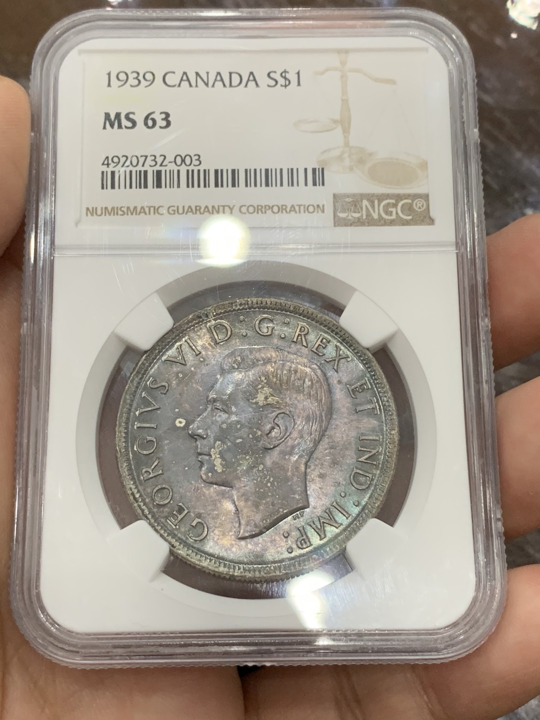 《竞宝斋》第112场-周日，周一 ，2场连拍（全场包邮） NGC-MS63 加拿大 1939年 乔治六世国会1加元银币 加拿大知名品种 顶级彩浆级彩币 美丽无与伦比