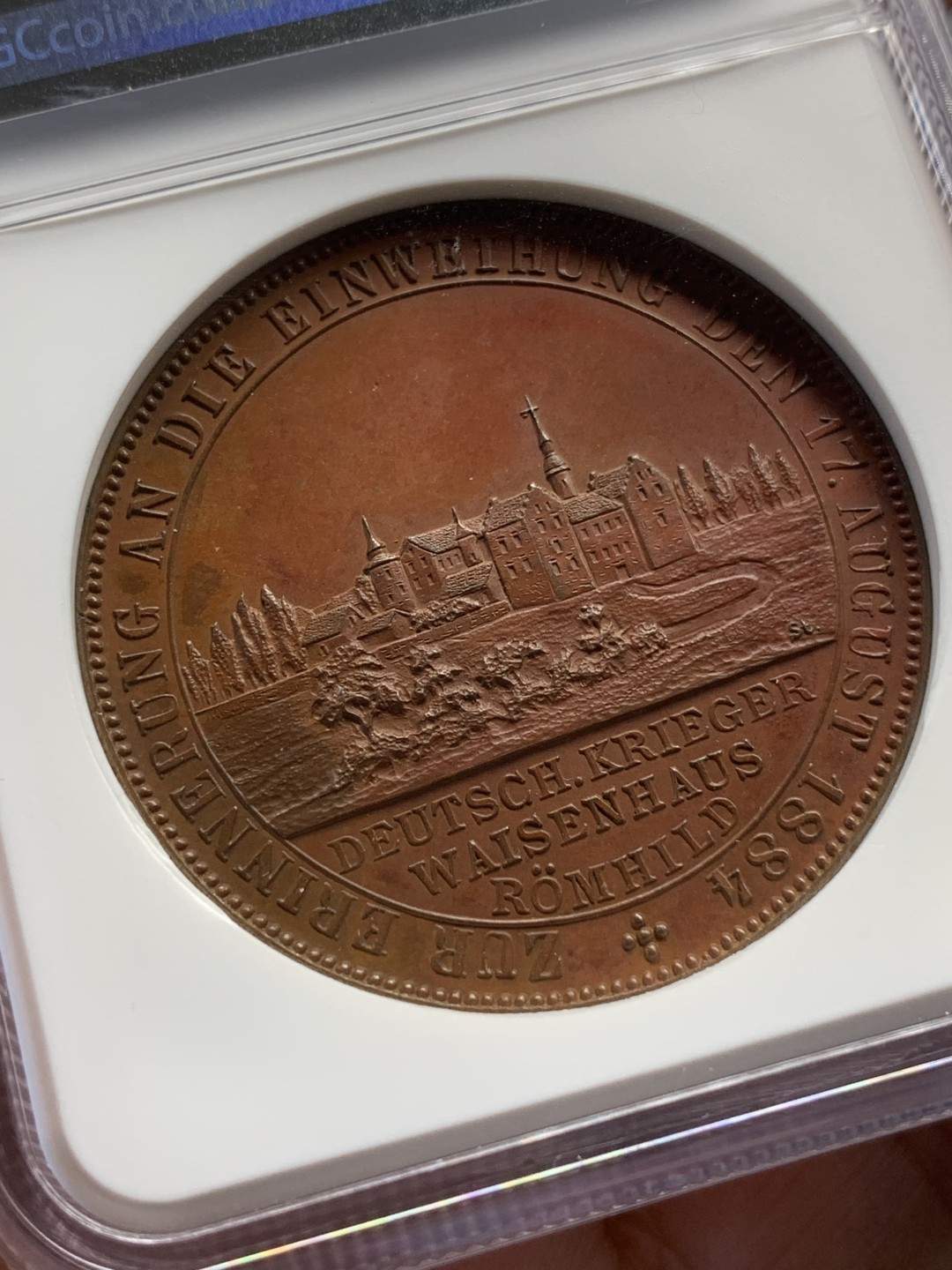 《竞宝斋》第112场-周日，周一 ，2场连拍（全场包邮） NGC MS62BN 德国1884玛丽恩堡落成纪念城市景观铜章 加厚盒子