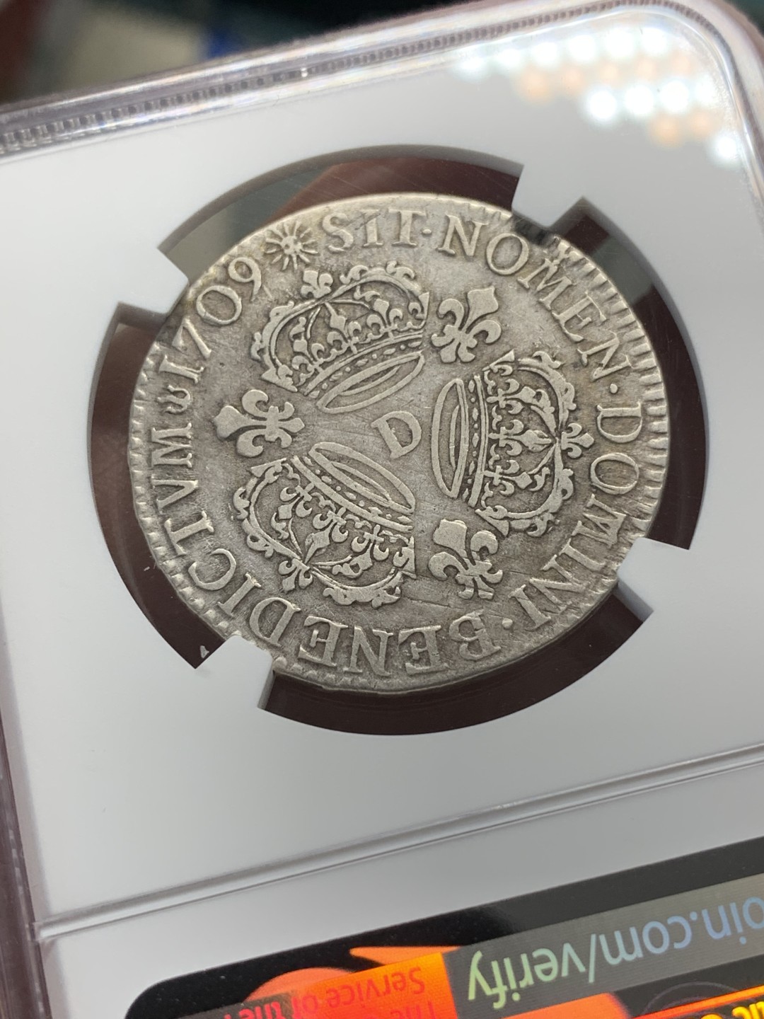 《竞宝斋》第112场-周日，周一 ，2场连拍（全场包邮） NGC VF 法国 1709年D版 路易十四 太阳王 1/2埃居 银币 状态不错 好于评级等级