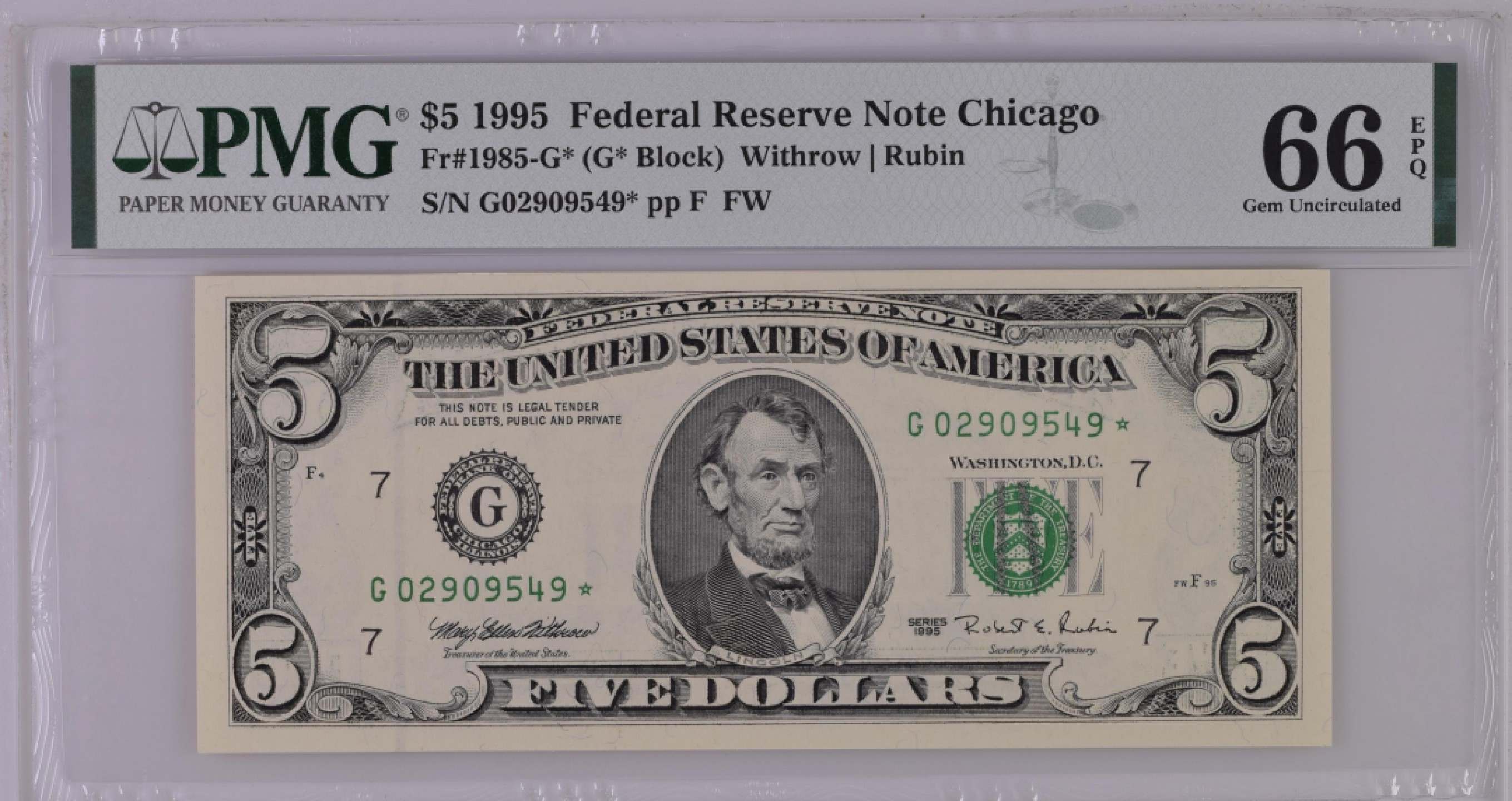 收藏联盟Quantum Auction 第204期拍卖 美国联邦储备券1995年5美元 PMG66 星补号