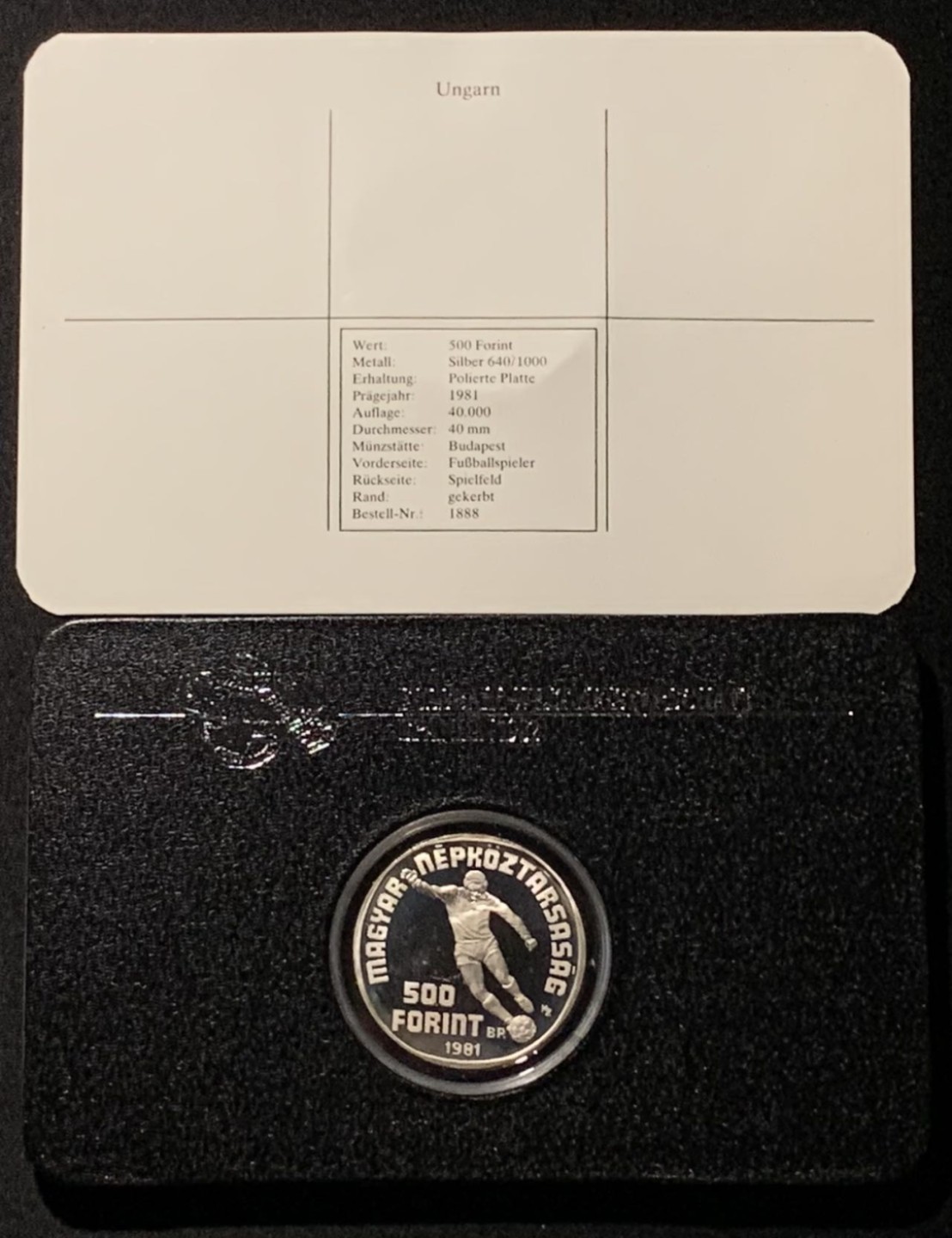 紫瑗钱币——第317期拍卖 匈牙利 1982年 西班牙世界杯 射门 500福林 28克 0.64银 精制 德国原装卡