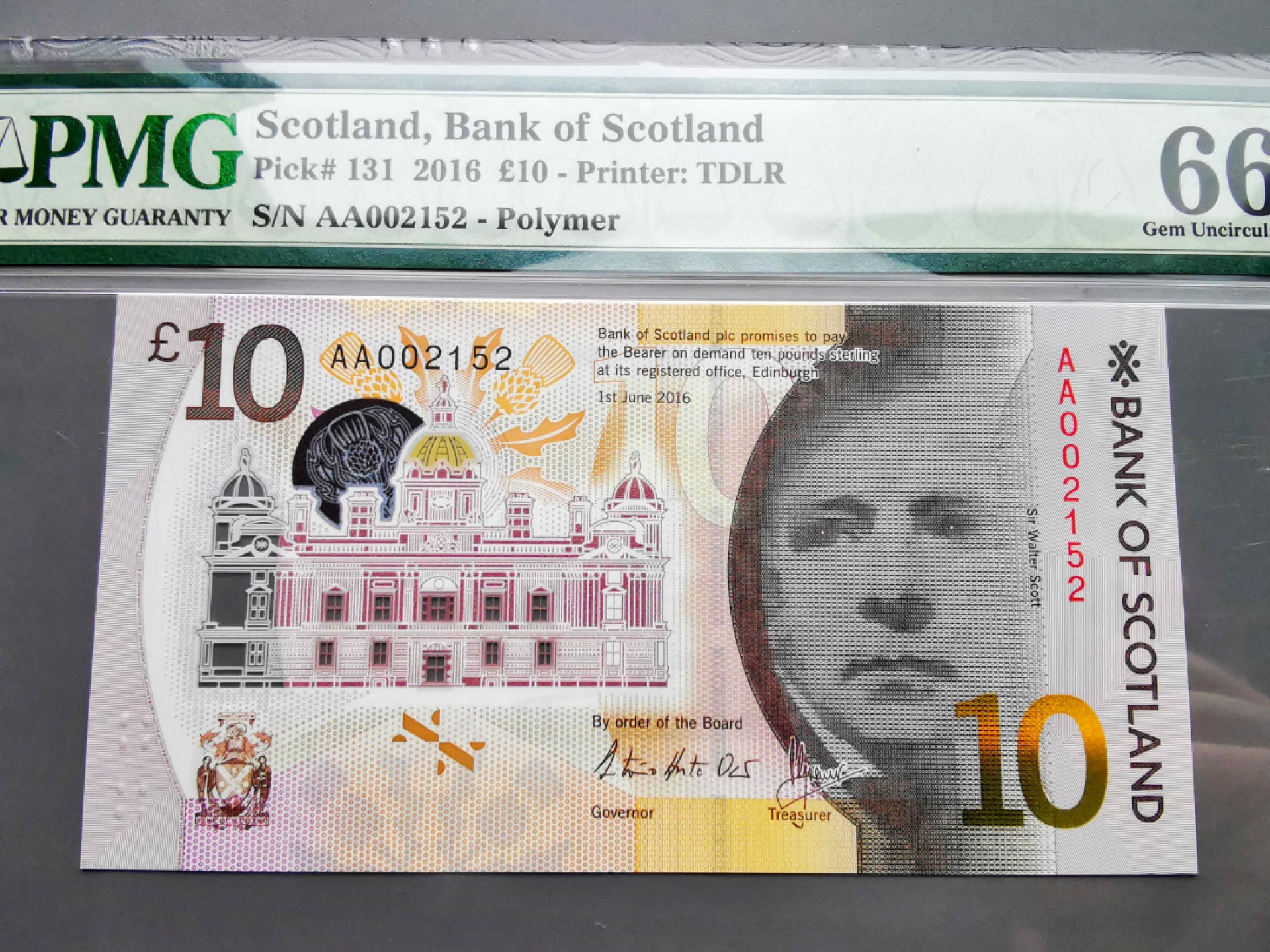 《崇甫堂》-英国纸钞PMG评级专场IV 英国 2016年 AA字冠首发 小号码 苏格兰银行10镑 PMG-66 Pick:131