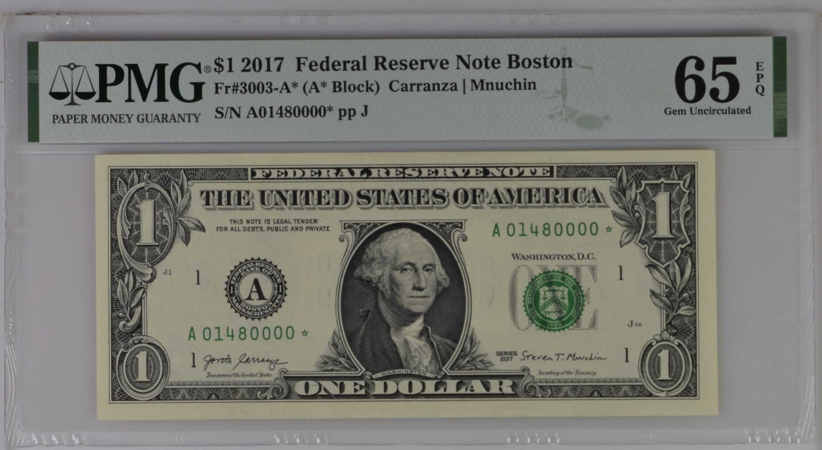 收藏联盟Quantum Auction 第204期拍卖 美国联邦储备券2017年1美元 PMG65 星补号 狮子号