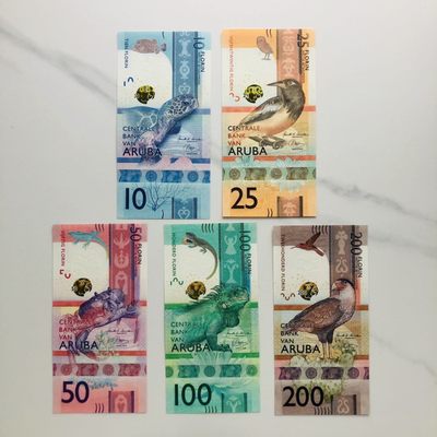 53rd ￥￥ 美洲的塑料钞和纸钞（靓号和首发冠，获奖钞等） - 阿鲁巴2019年10-25-50-100-200福林纸钞 全套六张 IBNS获奖钞，市场价3600+