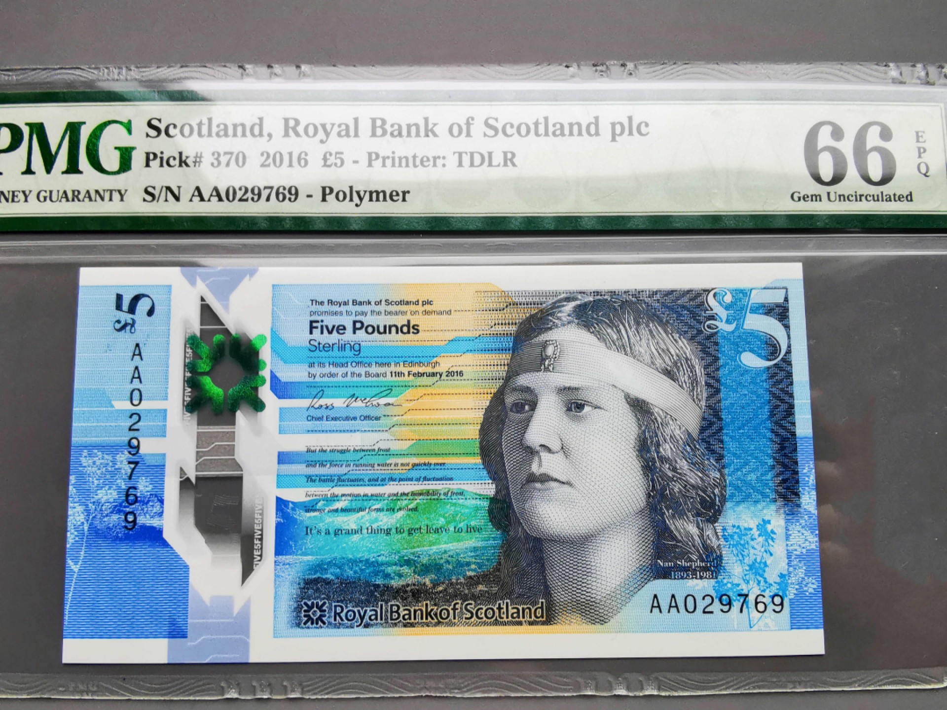 《崇甫堂》-英国纸钞PMG评级专场IV 英国 2016年 AA字冠首发  苏格兰皇家银行5镑 PMG-66 Pick:370