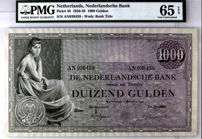 【Blue Auction】✨世界纸币精拍第245期——周末精品场 - 【珍品 冠军分少见】荷兰 1926-38年1000盾 最高值 PMG65EPQ 超大票幅   Grietje Seel arms with caduceus