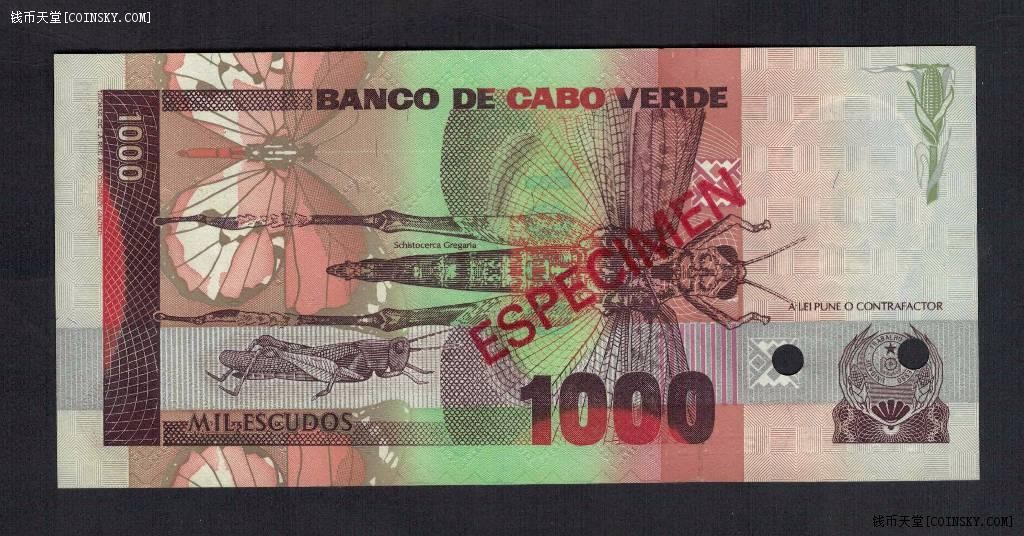 佛得角1989年1000埃斯库多 票样 样钞 样票 GT000000号 非洲纸币 实物图 UNC 